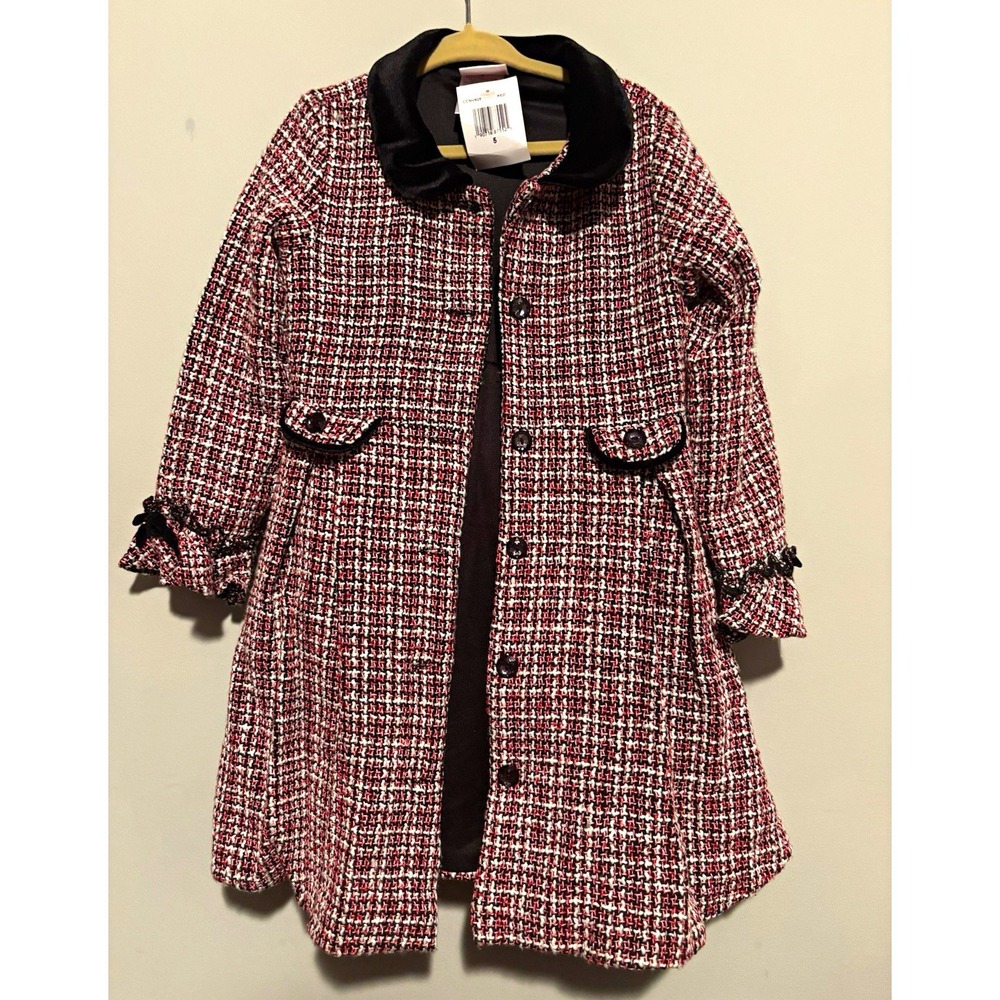 Nannette Kids Girls Red Tweed Coat Size 5 Button Collared Lined Pockets Long